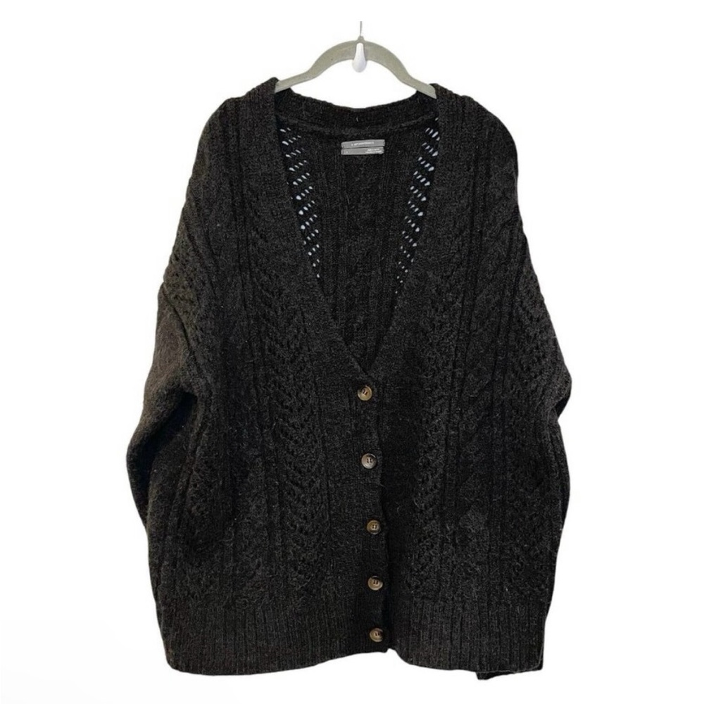 Anthropologie Classic Pointelle Cardigan Heathered Black Oversized Chunky Knit L - Picture 2 of 7